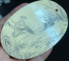 VTG Faux Bone Scrimshaw Carved Wild Goose Scenery&Display Stand/was Belt Buckle?