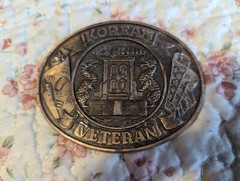 VTG Korean War Veteran Belt Buckle Dragons Flags USA Patriotic Cold War Temple