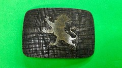 Heraldic Rampant Lion Grid Pattern Brass Tone Belt Buckle, Made in Italy