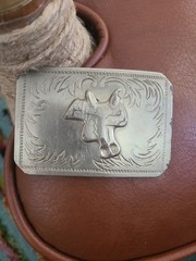 Vintage Western Saddle 3 Dimensional on Floral Silver Tone Belt Buckle USA