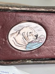 VTG Solid Brass Belt Buckle w/ Leather Native Made Polar Bear Scrimshaw Center
