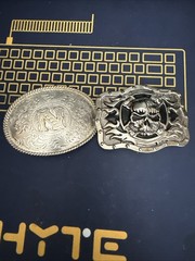 Skull Flame Cross Silver Belt Buckle Bike Biker Motorcyclist Lot Of 2