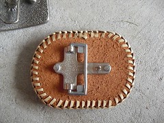 Vintage Leather with Painted Bird Belt Buckle 3 3/4&Prime; Wide