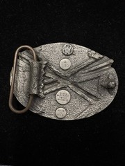 Vintage 1984 Bergamot Brass Works belt buckle dartboard and crossed dart RARE