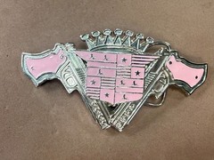 Guns Crown Shield Trucker Cadillac Grill Pink Enamel Belt Buckle Bottle Opener