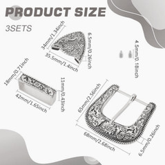 Western 3-Piece Belt Buckle Set Floral Engraved Silver Metal Cowboy Rodeo Style