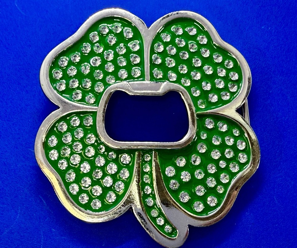 Lucky Four Leaf Clover Rhinestone Covered Belt Buckle with Bottle Opener