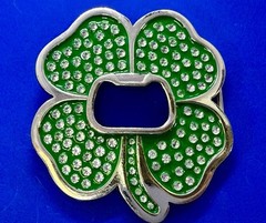 Lucky Four Leaf Clover Rhinestone Covered Belt Buckle with Bottle Opener