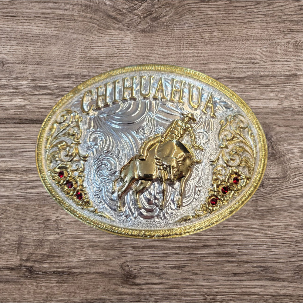 Cowboy Belt Buckle For Men Chihuahua Bull Rider 4.25&Prime;x3.25&Prime; Silver Tone/Gold