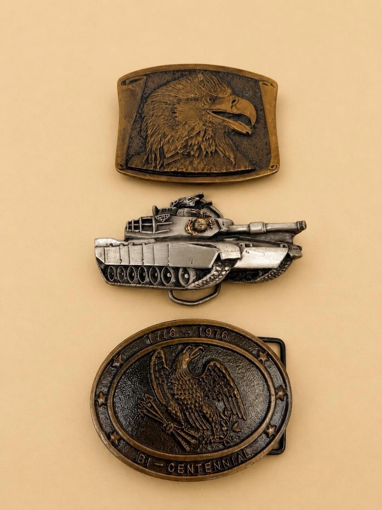 Vintage Belt Buckle Lot Western Patriotic Military Eagle Mixed Designs 3 Pc