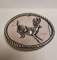 Nocona Belt Buckle Camo Deer Rope Edge Silver Tone Oval Leaping White Tail