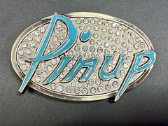 Pinup Girl – Blue Lettering Fashion Statement Novelty Jeweled Oval Belt Buckle