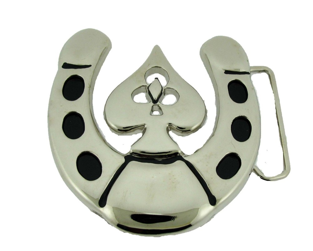 Lucky Horseshoe Spade Silver Chrome Metal Wedding Bride Rock Rebel Belt Buckle