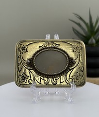 Engraved Brass Belt Buckle Agate Cabochon Floral Western Scroll Vintage Heavy