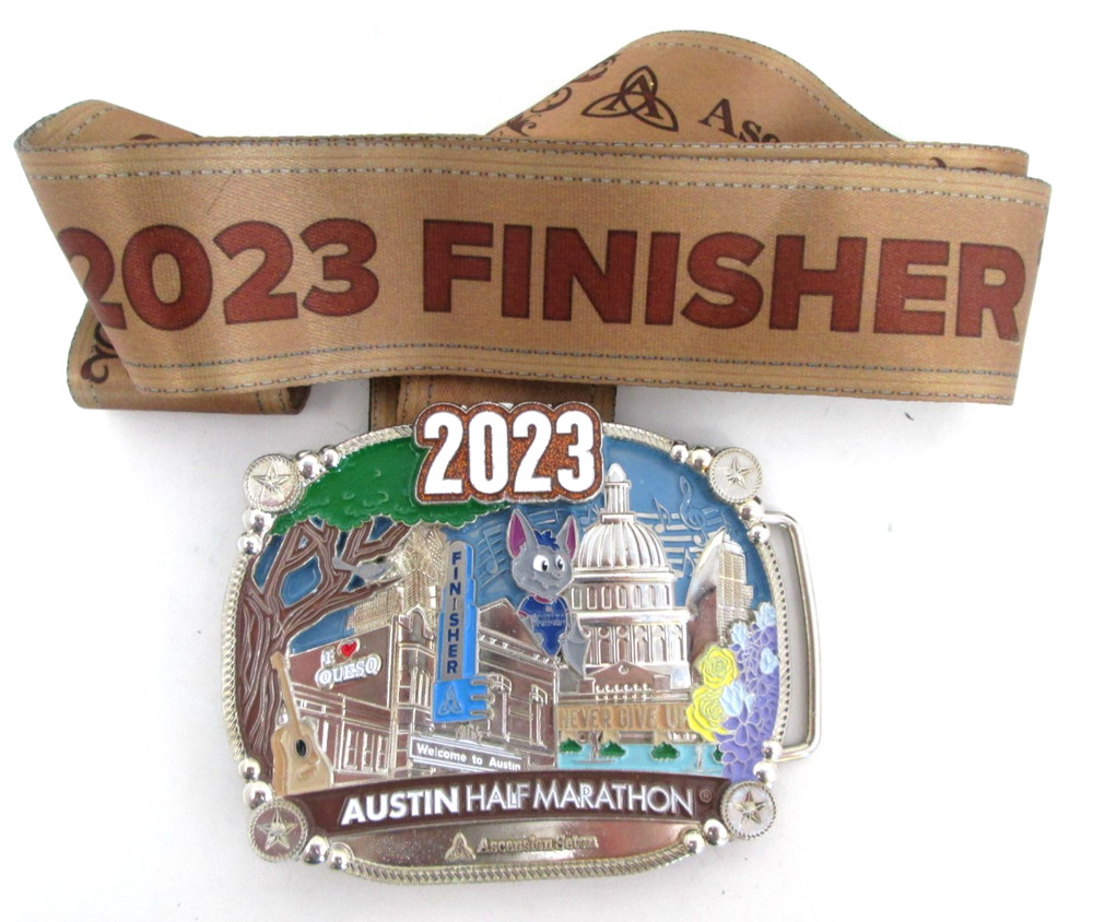 2023 Austin Half Marathon Belt Buckle w Lanyard Ribbon Running Texas Finisher
