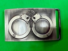 Hand Cuffs Raised Handcuffs on Silver Color Rectangular Belt Buckle