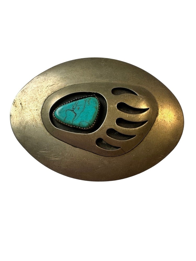 Vintage Navajo B Cayaditto BC Turquoise Bear Paw Shadowbox Belt Buckle 56.8g