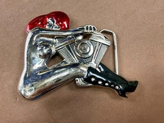 Woman Hugging V-Twin Engine with Red Enamel Hair Novelty Figural Belt Buckle