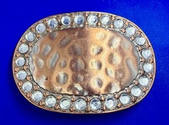 Textured Hammered Metal with Clear Rhinestone Border Modernist Belt Buckle