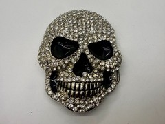 Creepy Skull Grinning Teeth Black Enamel Clear Rhinestone Covered Belt Buckle