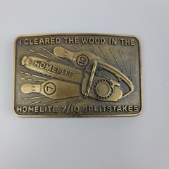 Vintage Solid Brass Homelite Chainsaw 7/10 Splitstakes Belt Buckle 3.5×2.25 EUC