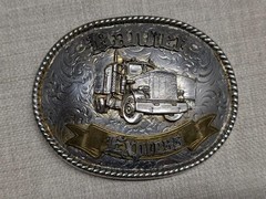 vintage USA made TRUCKER belt buckle OVERSIZED engraved WESTERN cowboy BRASS