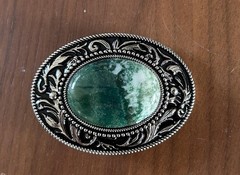 Green Stone Belt Buckle Engraved Silver Western Design Cowboy Rodeo Vintage