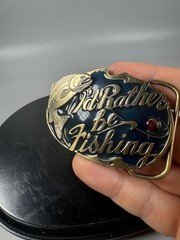 Vintage 1985 I’d Rather Be Fishing Belt Buckle USA Brass Enamel 3”