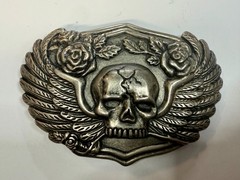 Skull with Wings Roses Halloween Gothic Punk Biker Vibe Silver Tone Belt Buckle