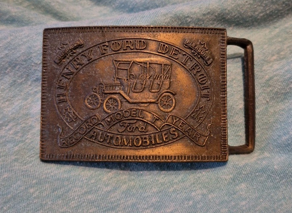 Vintage Henry Ford Detroit Belt Buckle w Model T Record Year Business & Pleasure