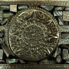 Mexican Alpaca Silver Abalone Shell Inlay Aztec Calendar Belt Buckle Western
