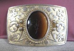 Vintage Gold Metal Western Engraved Plumes & Oak Leaves Agate Cameo Belt Buckle