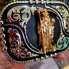 Santa Muerte belt Buckle Grim Reaper Rose Tone Silver Heavy Black Zinc Alloy