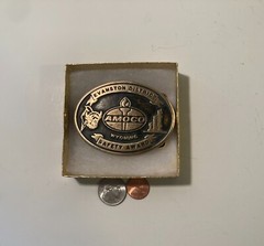 Vintage 1987 Metal Belt Buckle, Brass, Amoco, Wyoming, Evanston District, Petrol