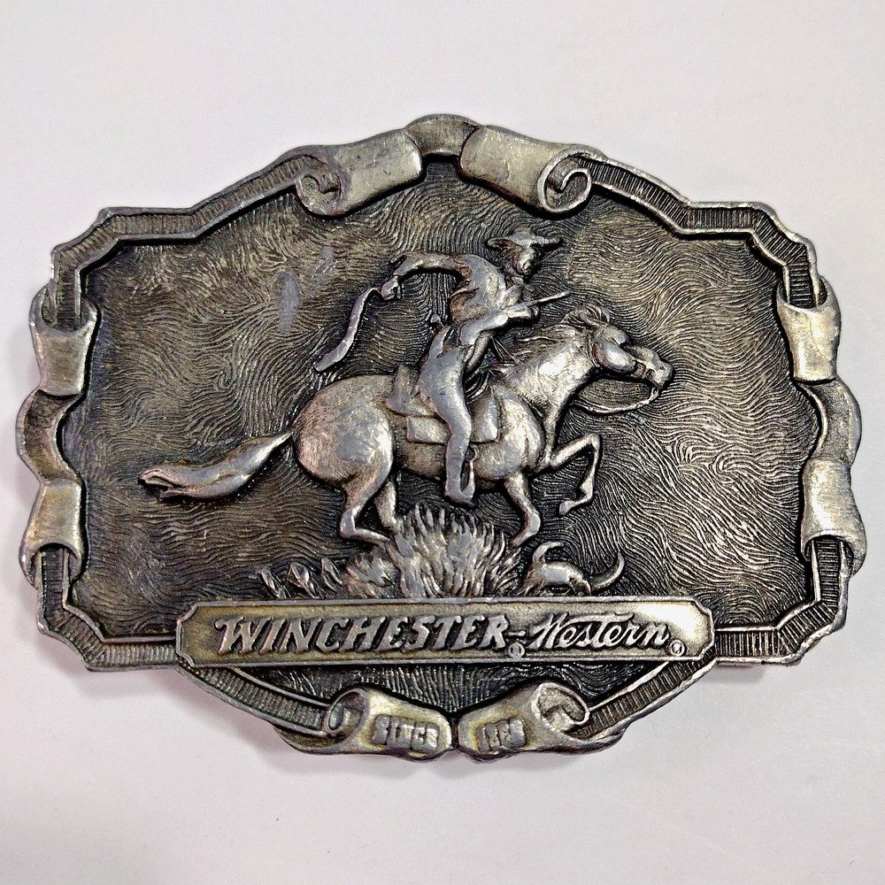 Belt Buckle Winchester Western Pewter Silver Tone Vintage 3.5&Prime; x 2.75&Prime;