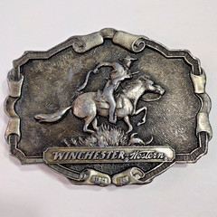Belt Buckle Winchester Western Pewter Silver Tone Vintage 3.5&Prime; x 2.75&Prime;