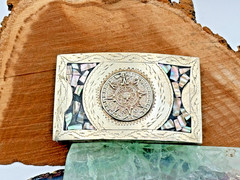 Vintage Mexico Alpaca Silver Mother of Pearl Aztec Calendar Belt Buckle–1326.25