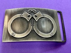 Hand Cuffs Raised Handcuffs on Silver Color Rectangular Belt Buckle