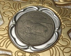 North Dakota Buffalo Coin In Belt Buckle Six Pointed Star Design 3 3/4&Prime; x 3 1/8&Prime;