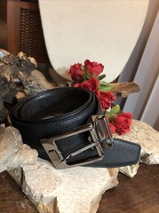 Salvatore Ferragamo Gun Metal tone Rectangle Buckle black leather belt
