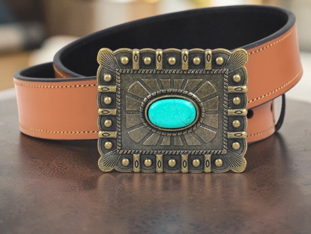 Western Turquoise Belt Buckle With Handmade Leather Strap| Rodeo Buckle For Men