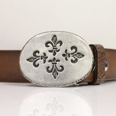 Fleur-de-Lys Belt Buckle Oval Antique Silver Hammered Effect Medieval Design