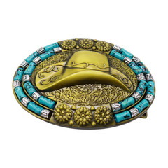 Men Antique Gold Metal Western Belt Buckle Cowboy Hat Turquoise Blue Color Beads