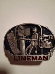 Vintage 1993 C&J Inc. Lineman Graphic Oval Western Belt Buckle Silver/Black