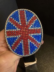 17) Union Jack British Flag Metal Belt Buckle Oval w/ Inset Stones & 36” Belt
