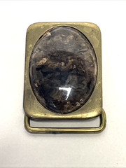 Vintage BTS Solid Brass Belt Buckle Brown Stone Cabochon Made USA 2&Prime; x 1.5&Prime; 79g