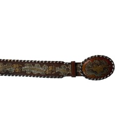 Vintage Tony Lama Western Belt & Buckle Men 34 Acorn Oak Silver Whipstitch USA