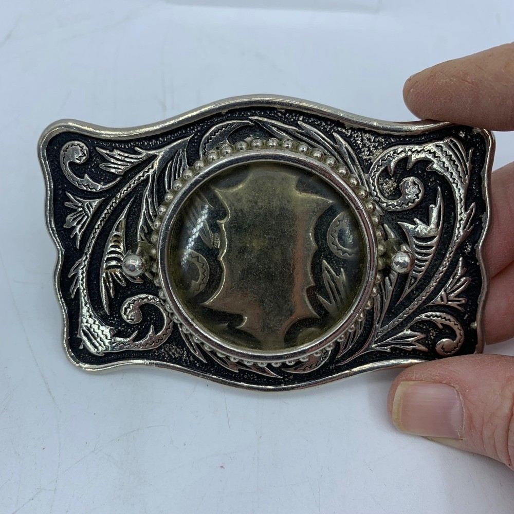 Vintage Western Belt Buckle Silver Tone Floral Engraved Scroll Rockabilly Rodeo