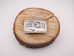 Handcrafted Navajo Belt Buckle Sterling Silver Bear Paw Overlay Design Signed