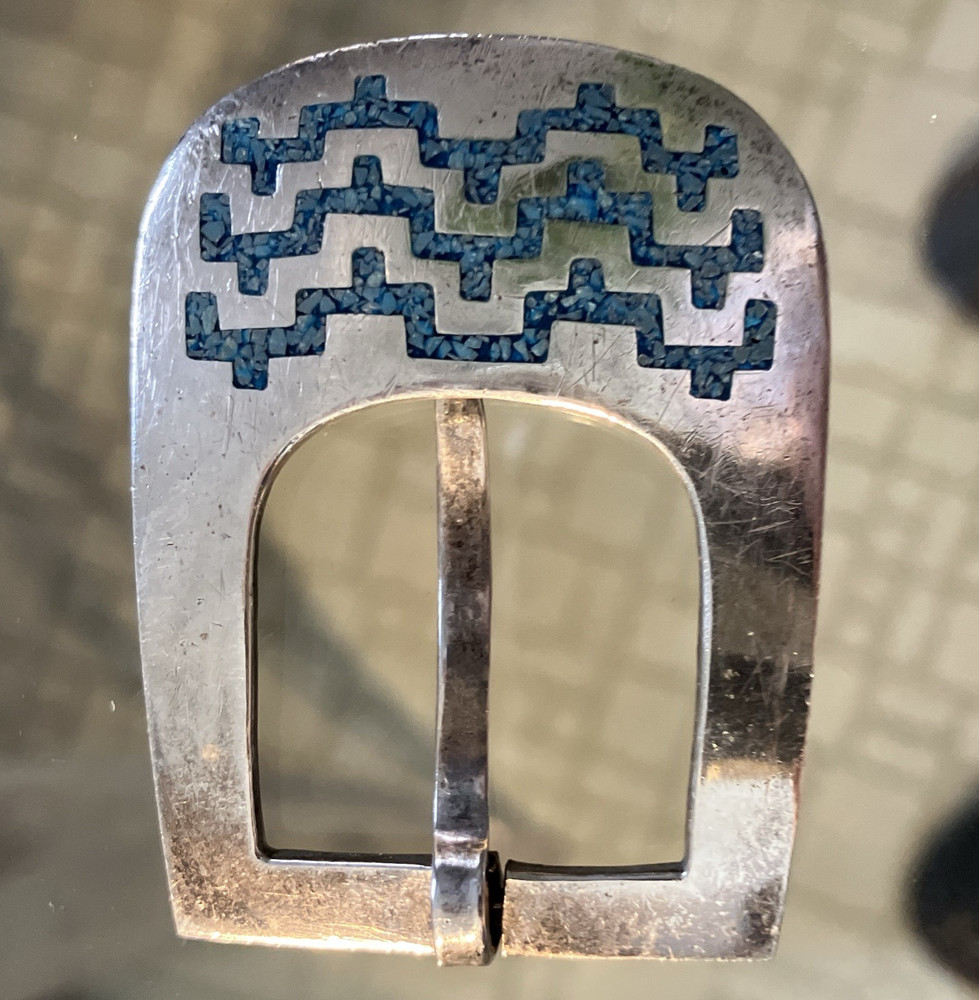 Men&rsquo;s sterling Engraved Frame Belt Buckle, turq. Geometric Inlay 1.5 in